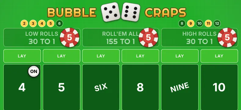 All, Tall and Small bonus bets on the Bubble Craps table, with the 2, 3, 4 and 5 lit for Small and the 9 and 11 lit for Tall.