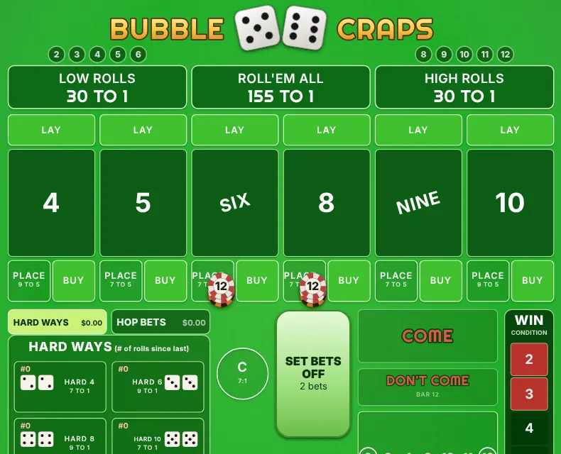 Bubble Craps table on the come-out with a $10 Pass Line bet and $12 each on the 6 and 8, set to work: the button reads SET BETS OFF.