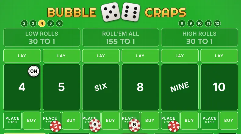 Inside numbers on the Bubble Craps table: $5 on the 5, $6 on the 6, $6 on the 8 and $5 on the 9.