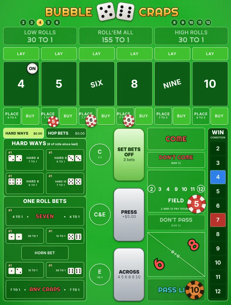 The Iron Cross on the Bubble Craps table: place bets on the 5, 6 and 8 and a $5 Field bet, with the point on 4.