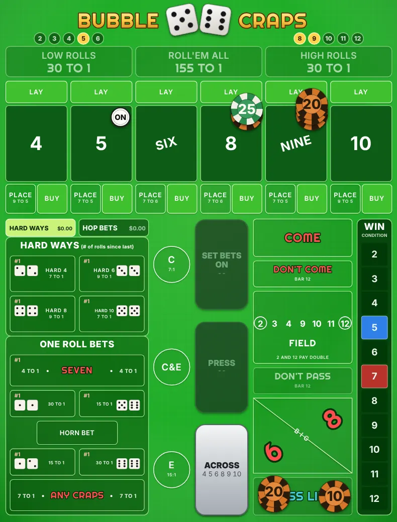 The 3-Point Molly on the Bubble Craps table: a Pass Line bet with odds on the point of 5, and Come bets with odds on the 8 and 9.