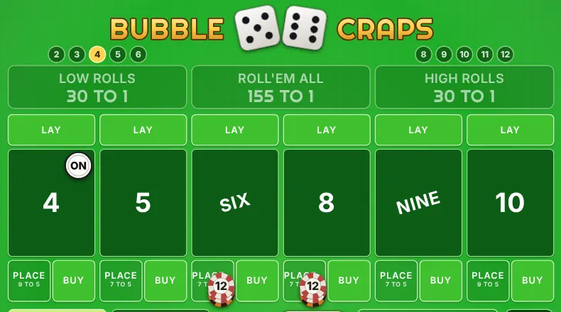 Place bets of $12 on the 6 and 8 on the Bubble Craps table, with the point on 4.
